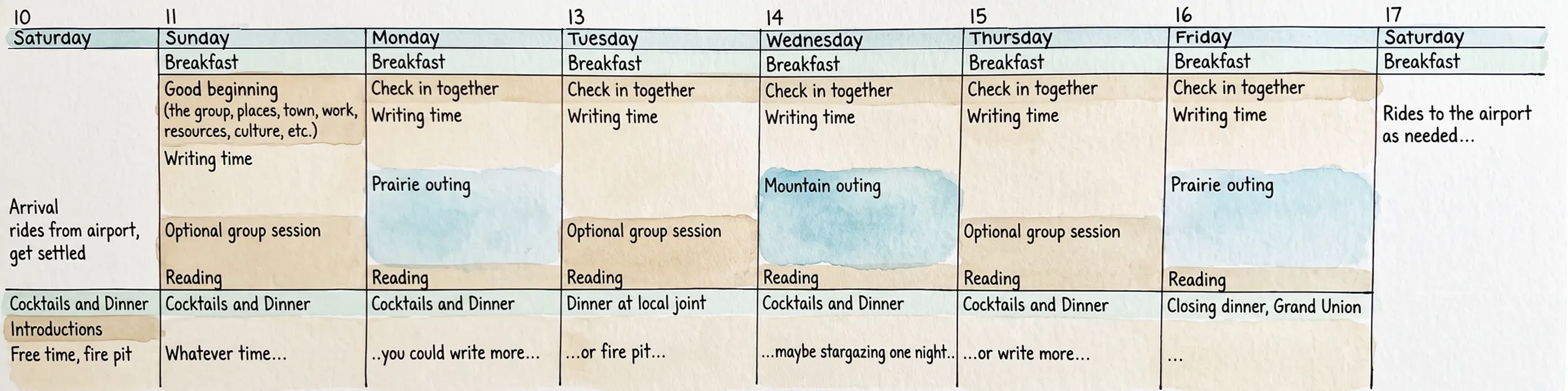 A sketched grid of the activities planned for the six days of Writers Week